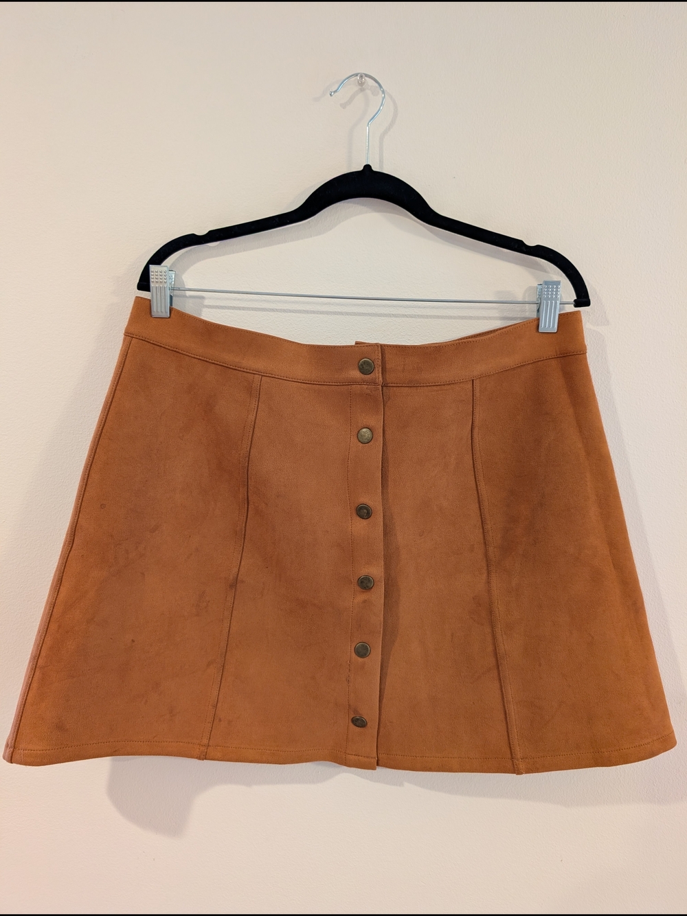 Faux Suede Button-Front A-Line Mini Skirt - Cognac